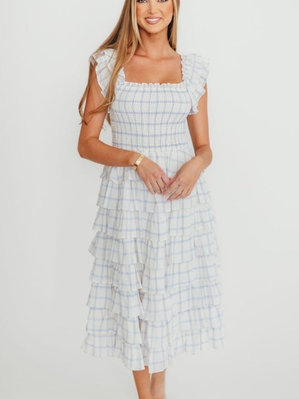 Blue Plaid Smocked Square-Neck Midi Dress